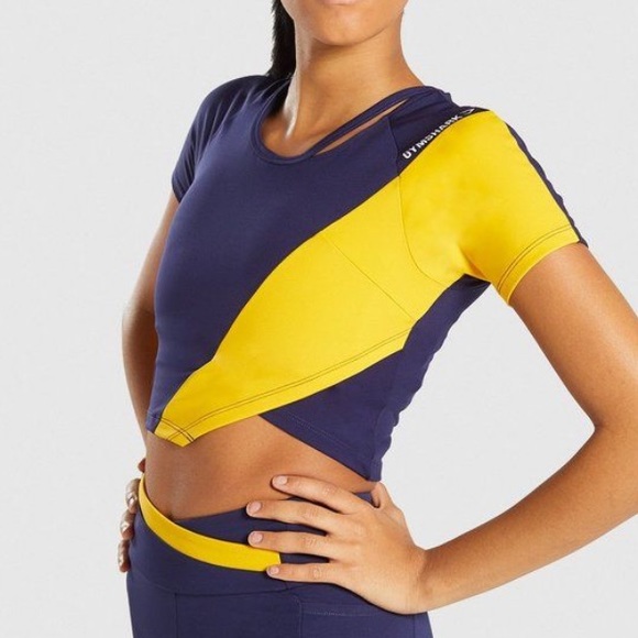 Gymshark Crop Top Ruban – Haut De Sport Lavande Ardoise Manches Bouffantes Taille S Femme